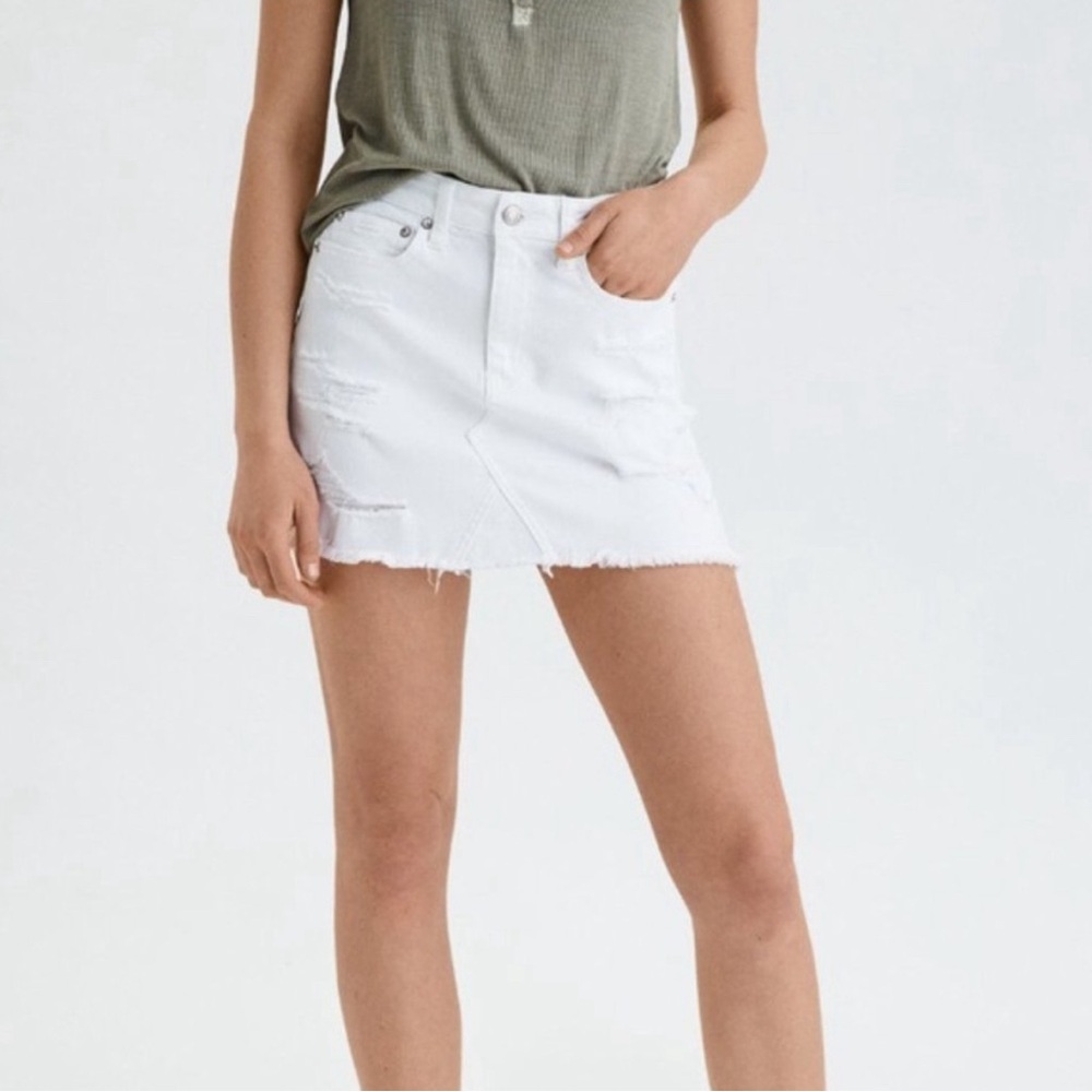 American Eagle White Denim Distressed Mini Skirt
